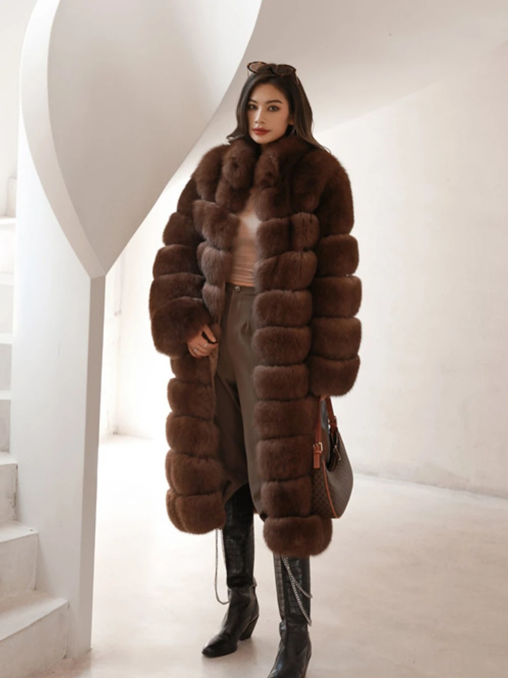 Detachable Real Fox Fur Coat for Women, Plus Size, Black, Natural, Blue, Long Jacket, Luxury Vest, Winter