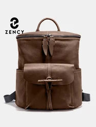 Zency Genuine Leather Women's Fashion Backpack Knapsack Large Capacity Travel Bag Purse Designer Rucksack For Laptop Ipad Pocket