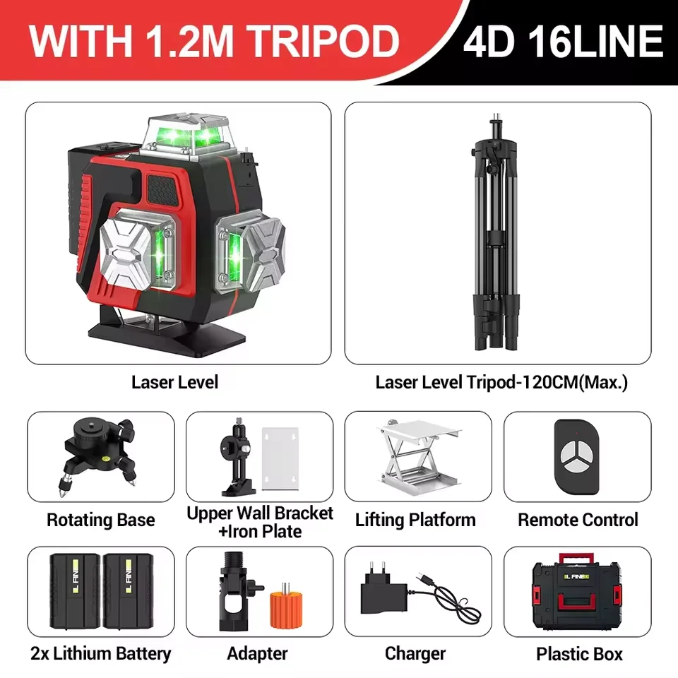 4D Laser Niveaumeter 16-Lijn ABS+PC Kruis Groene Laser Horizontaal Verticaal 520Nm Laser Zelfnivellerend 360 Graden Laserlijn