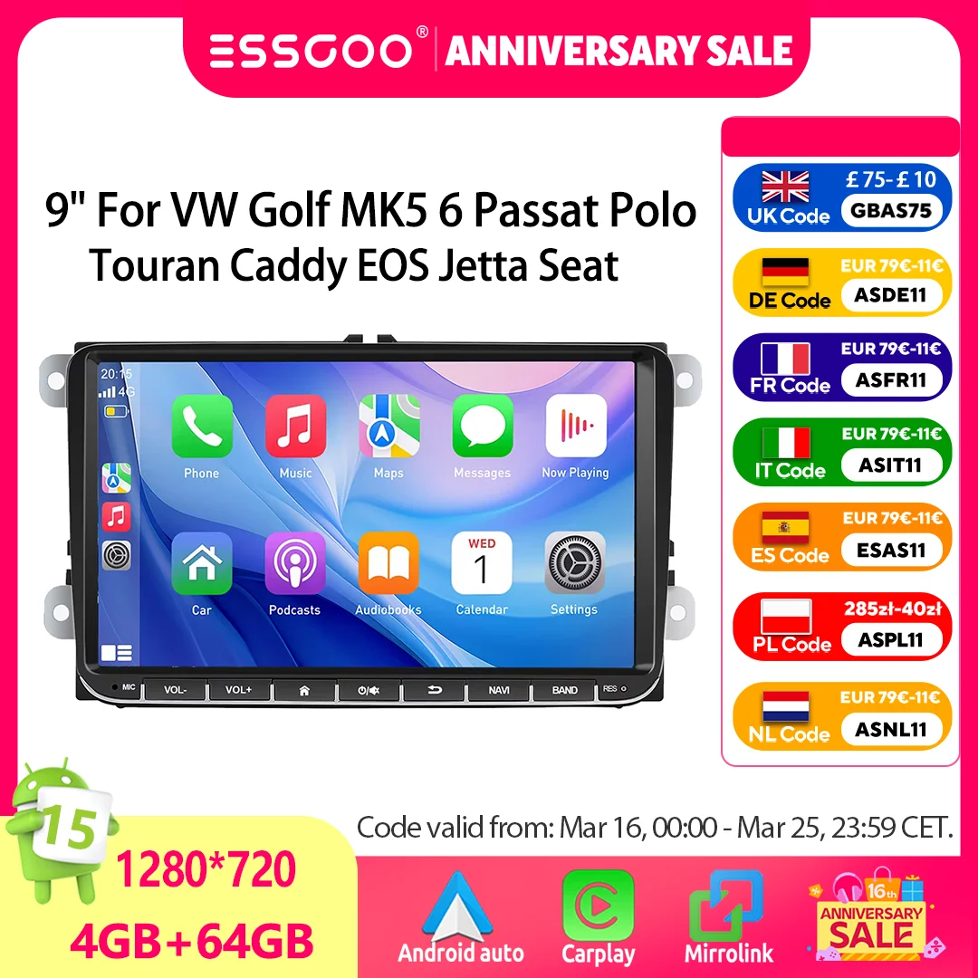 ESSGOO 9" Android 15 4+64G Autoradio für VW Golf MK5 6 Passat Polo Touran Caddy EOS Jetta Seat Kabelloses Carplay GPS Navi BT RDS