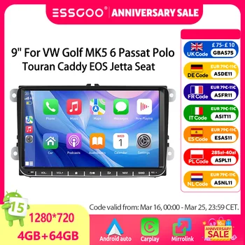ESSGOO Radio de coche Android 15 de 9 pulgadas 4+64G para VW Golf MK5 6 Passat Polo Touran Caddy EOS Jetta Seat con Carplay inalámbrico GPS Navi BT RDS 1