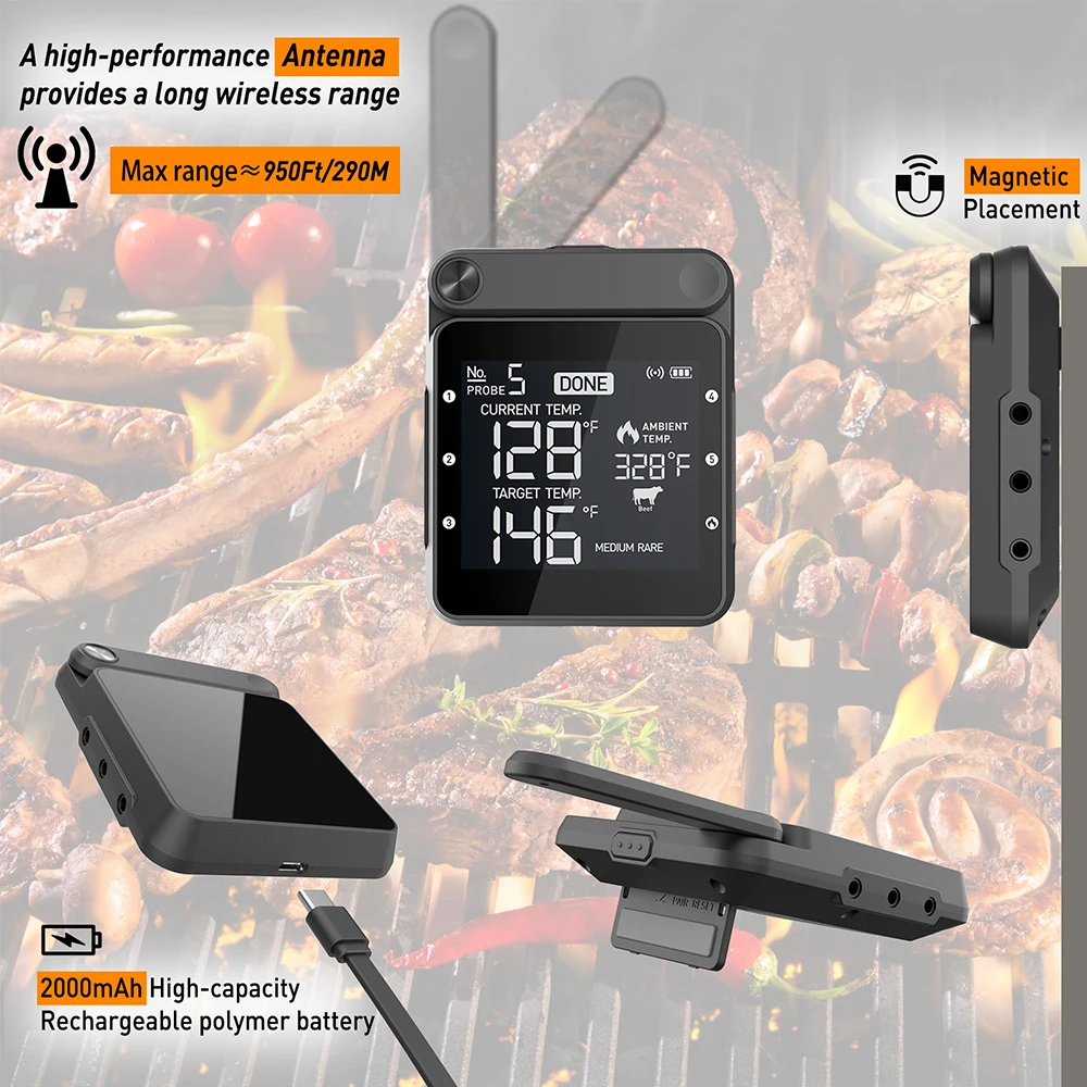 Smart Rechargeable Digital Wifi Wireless Remote Meat Barbecue BBQ Thermometer For Pizza Oven Grilling Smoker With Magnet