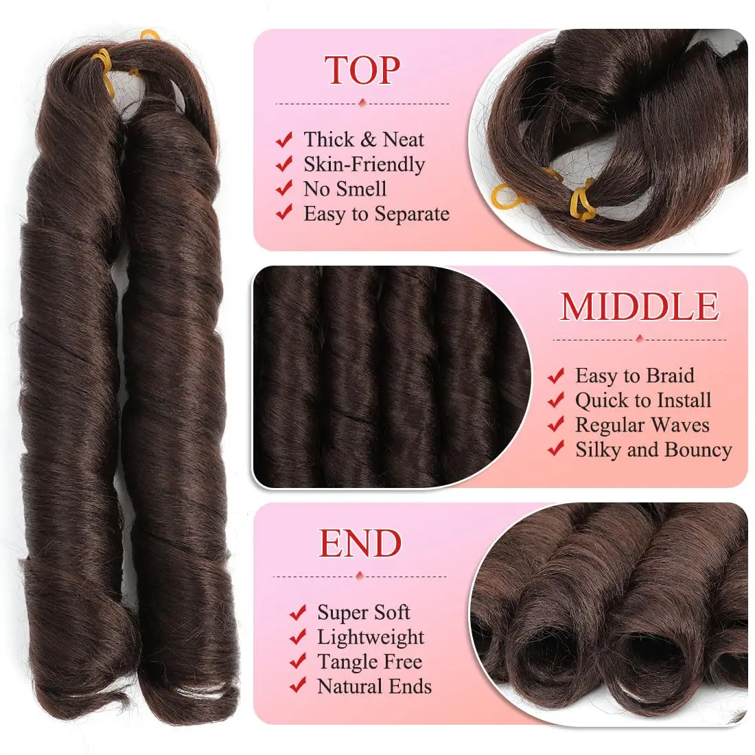 Cachos franceses para mulheres, onda solta, trança espiral, cabelo sintético ombre, pré esticado, trança de crochê, extensões de cabelo, 24in