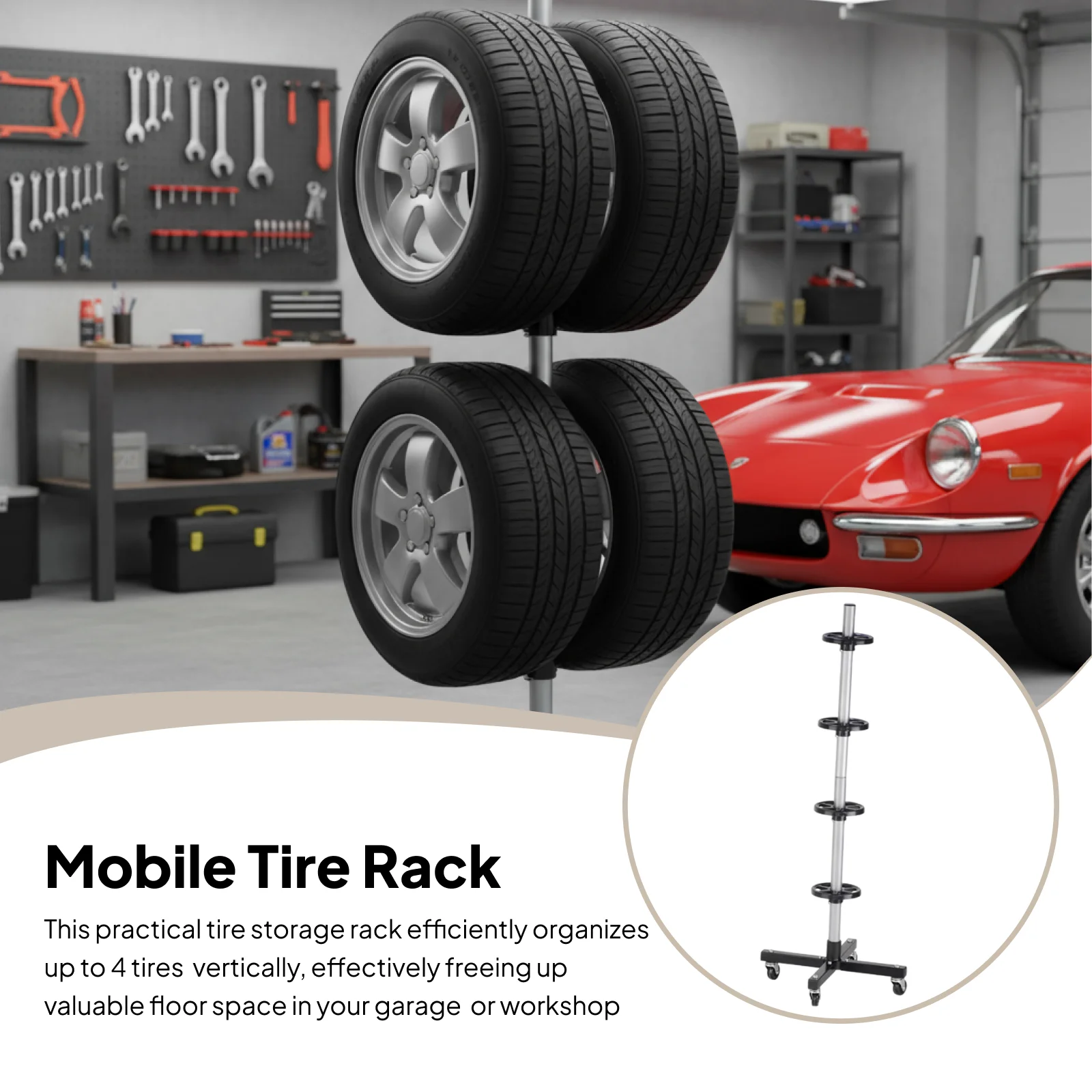 

4-х ярусный сверхмощный стеллаж для хранения мобильных шин с запирающимися роликами, универсальный органайзер для автомобильных шин для внедорожников, высота стойки 116 см