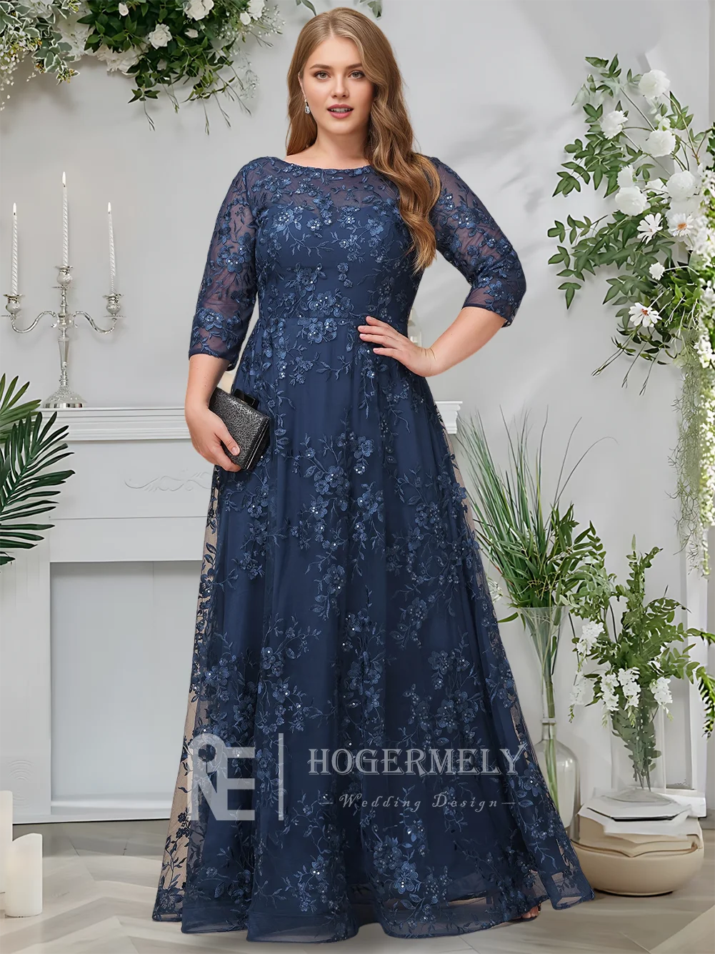 Uma mãe da noiva vestido elegante vestido de noite azul marinho a linha até o chão renda colher 3/4 manga cocktail festa casamento