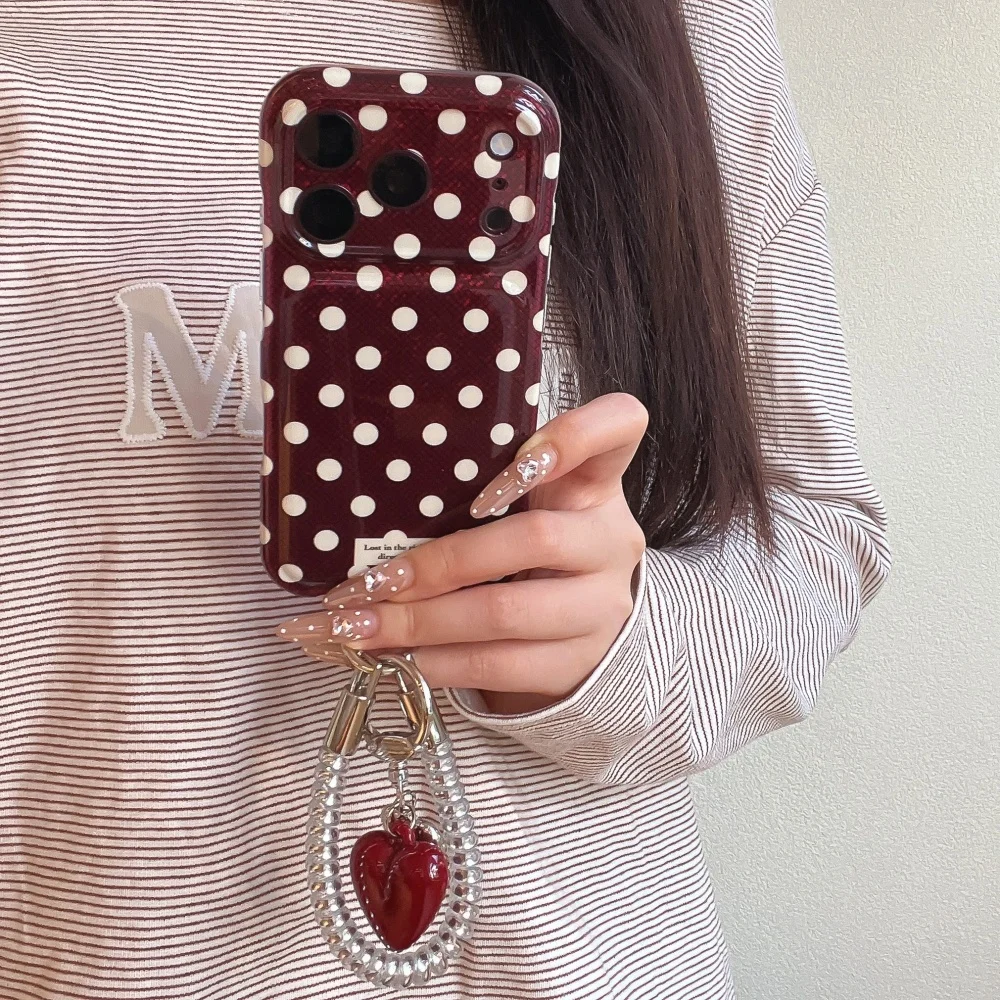 Korean Ins Cherry Red Plaid Polka Dot Phone Case for iPhone 18 Pro 17 Max 15 16 17 18 Pro Max Retro Shockproof Cover, with Charm