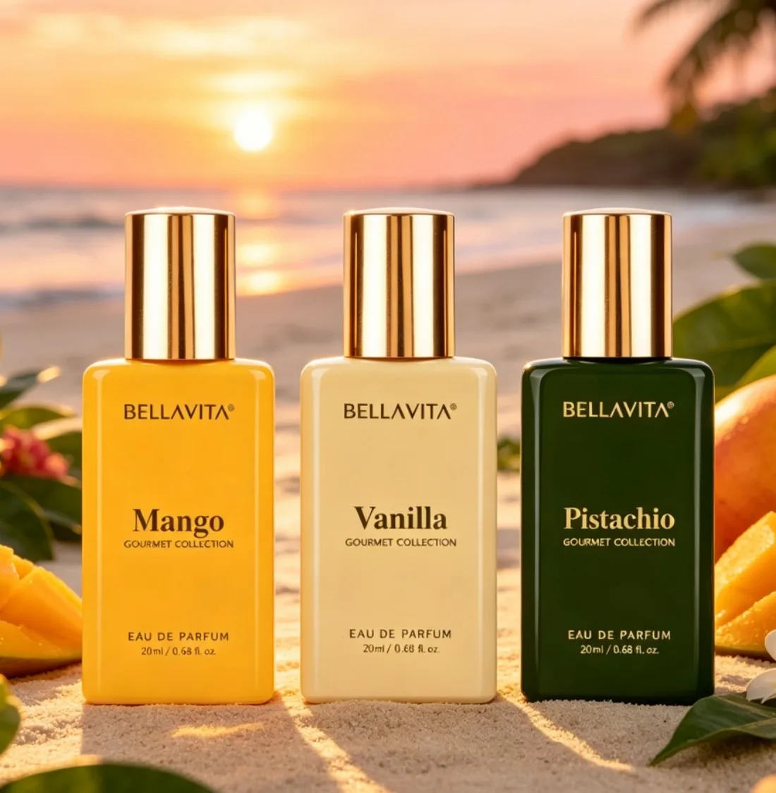 Charming perfume BELLAVITA The new Gourmet Collection set is now available, featuring Mango - Tropical Fruit Flavor, Vanilla - Cream Vanilla Flavor, Pistachio - Nut Dessert Flavor, fresh and long-lasting, with a unique aroma suitable for any venue