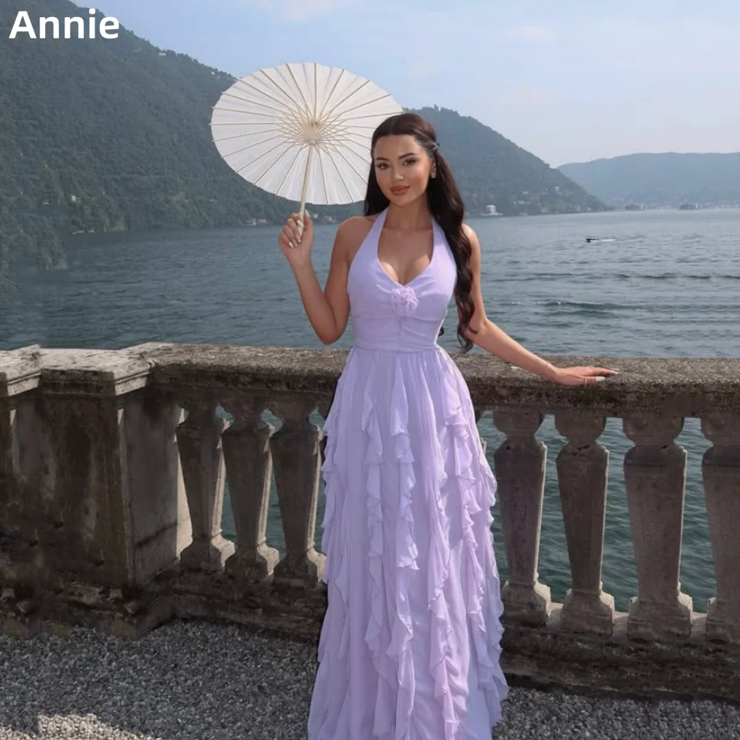 

Annie Lavender Halter Neck Prom Dresses Floral Chiffon Ruffles Evening Dresses A-Shape Elegant Lady Party Dresses فساتين سهرة