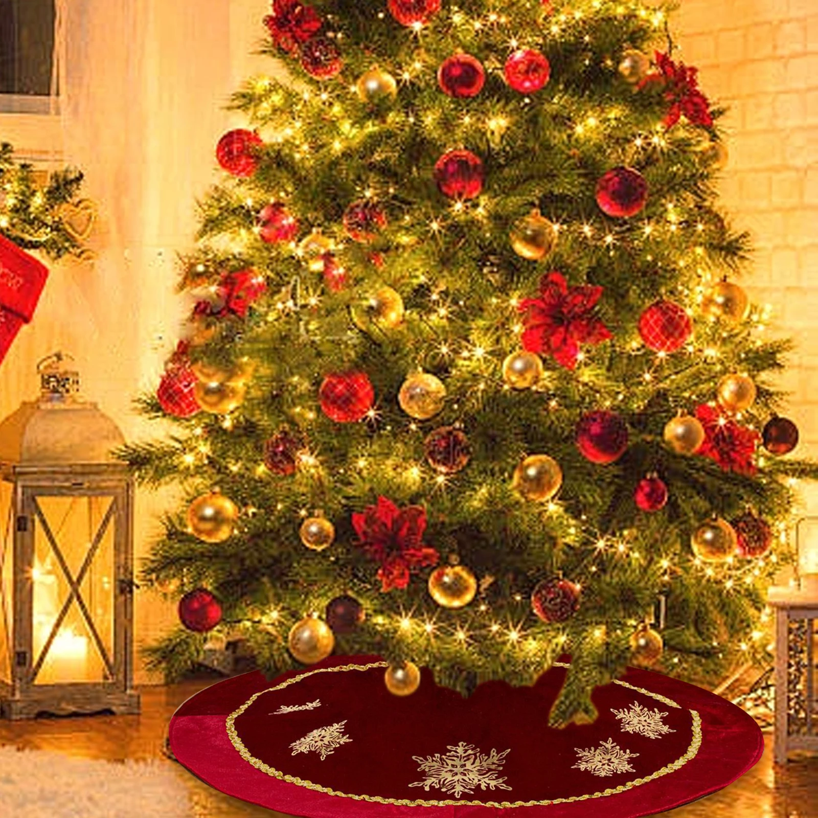 Falda de árbol de Navidad de terciopelo dorado con lentejuelas y copos de nieve, adornos de falda de árbol de Navidad rojo para puerta de casa de invierno