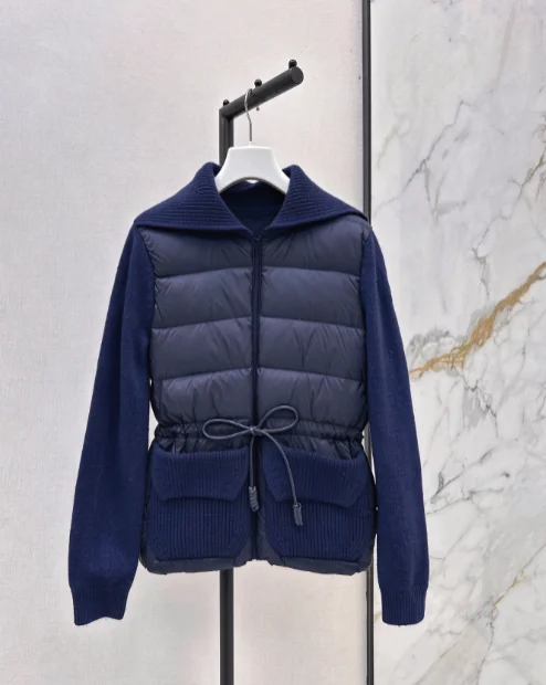 New Autumn And Winter Women's Large Lapel Design Knitted Patchwork Down Short Coat