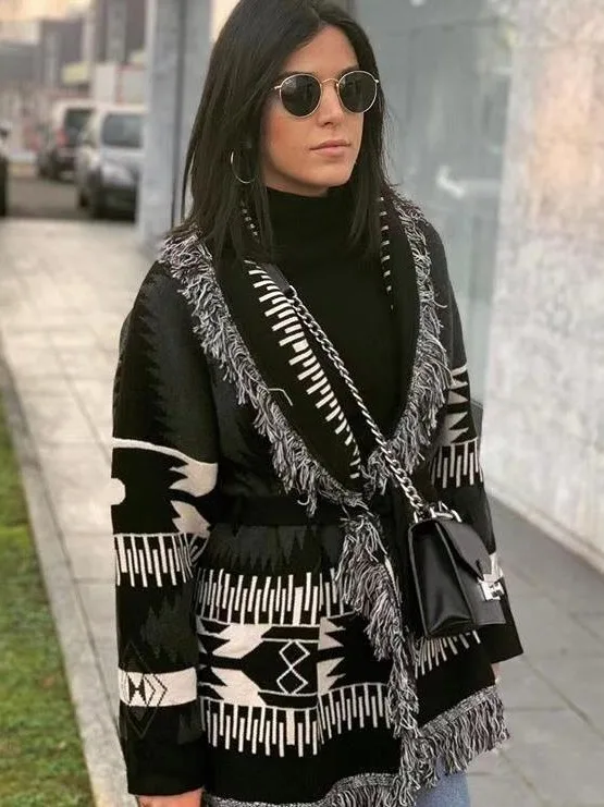 Luxury Designer Inspired Winter Women\'s Jacquard Cashmere Wool Cardigan Tassel Oversize Black Sweater Bohemian Female Coat