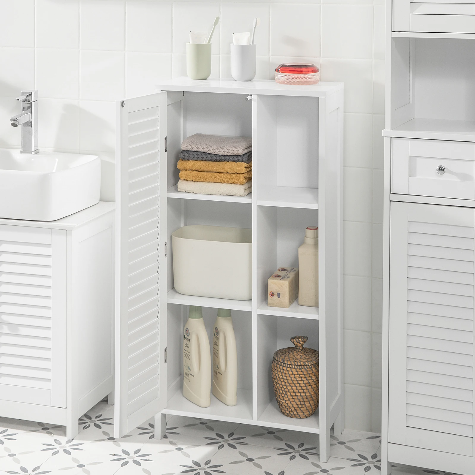 SoBuy BZR39-W cómoda de baño armario alto armario de baño con porta de listones cómoda para baño armario de baño armario de almacenamiento muebles de baño
