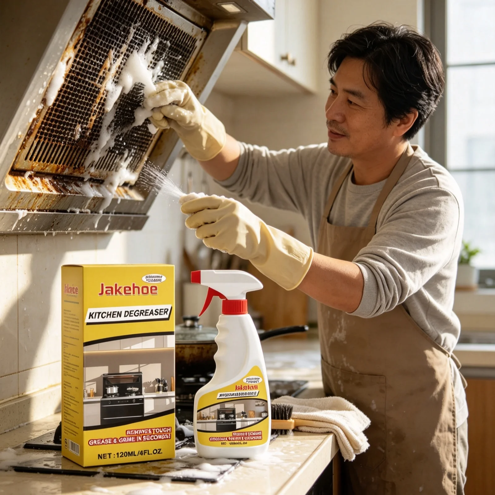 Jakehoe Kitchen Degreaser Spray Powerful Stain Removal Neutralize Odors Restore Surface Gloss Kitchen Oil Stain Cleaner 120ml