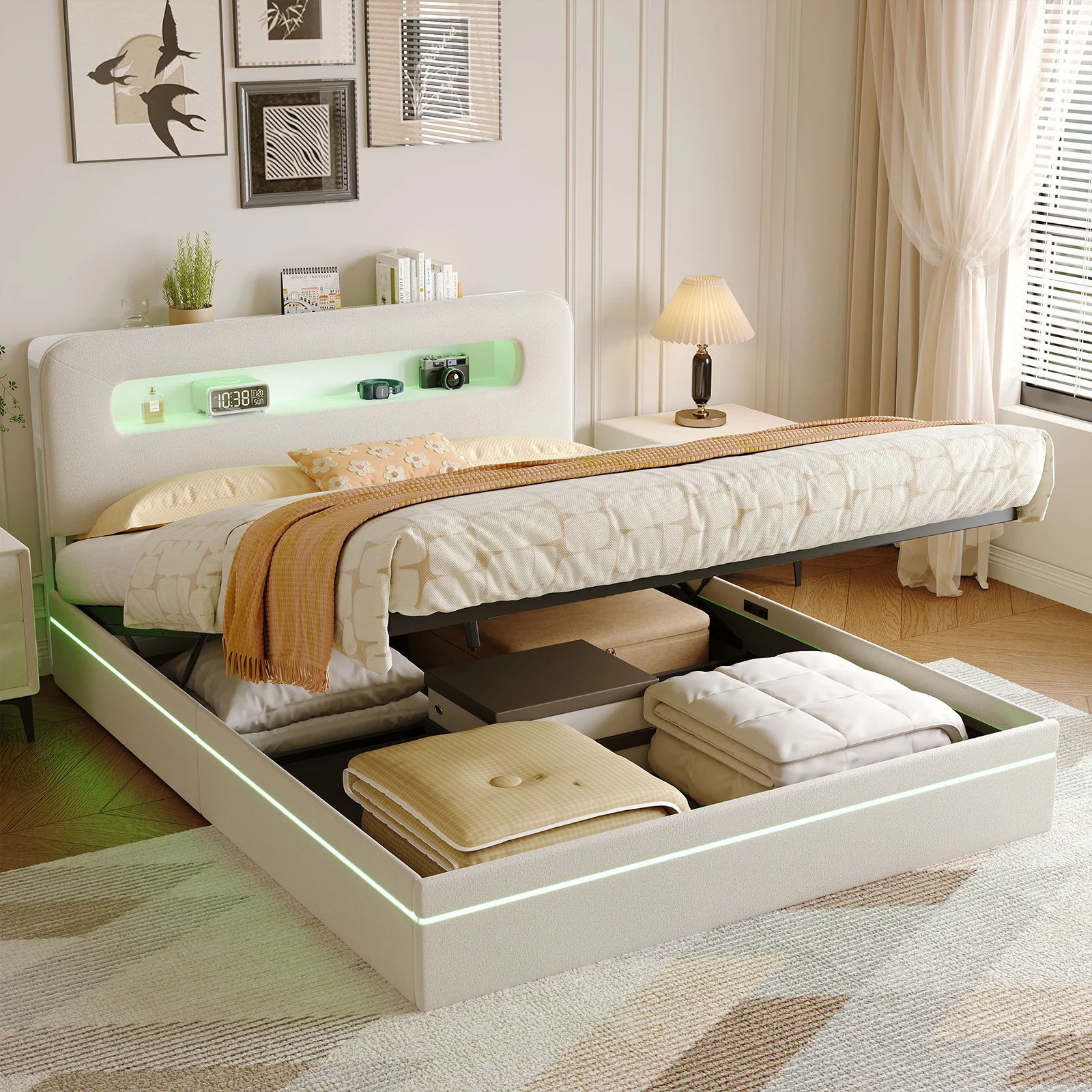 Lit Coffre Hydraulique, Lit Double Rembourré Avec Éclairage LED, Tête De Lit Avec Rangement, Lit Capitonné Avec Sommie  à Lattes