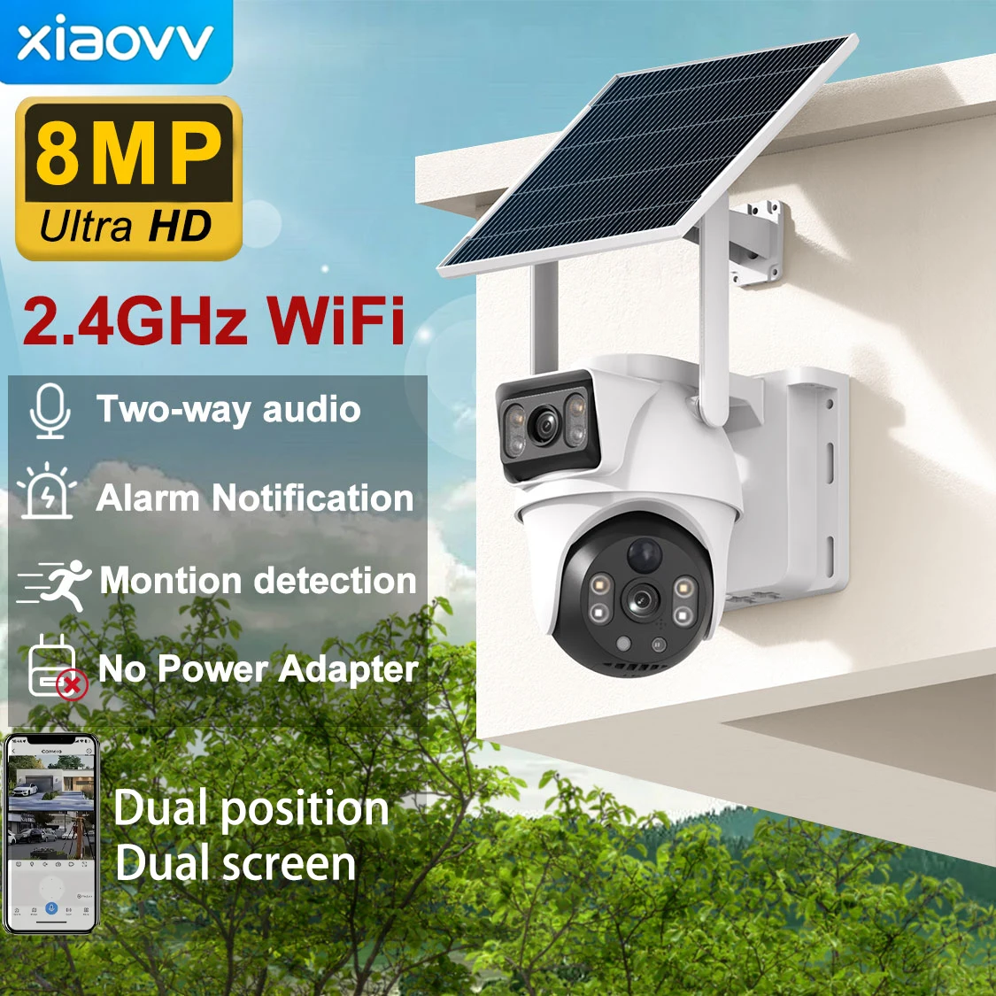 XIAOVV 8MP 2K WLAN-Solar-Sicherheitskamera für den Außenbereich, kabellose Dual-Lens-PTZ-IP-Kamera mit KI-Menschenerkennung, Nachtsicht, wasserdicht, CCTV-Überwachung