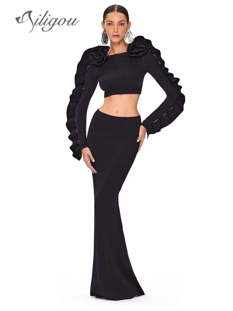 

Ailigou 2024 New Summer Women's Black Sexy Tight Ruffle Edge Long Sleeve Short Top Long Dress 2-piece Set Elegant Party Set