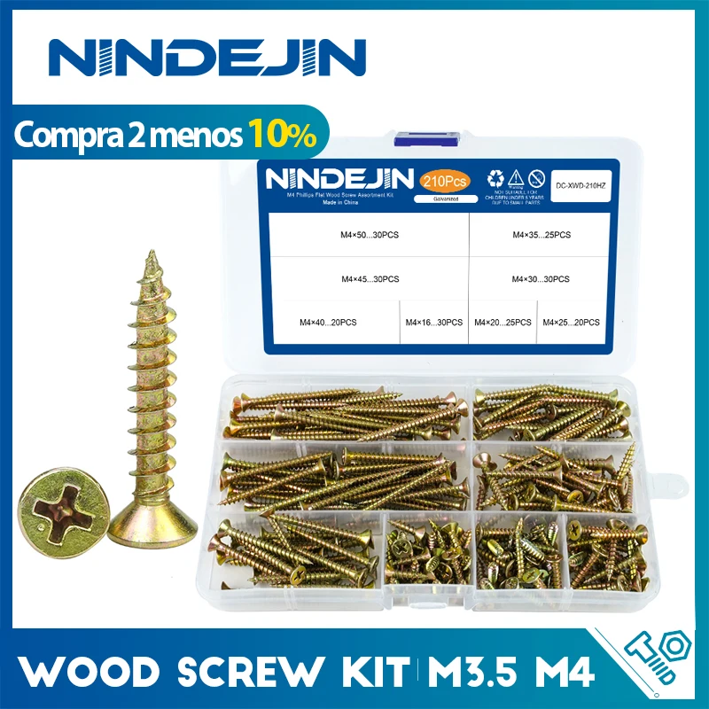 Nindejin kit de parafusos de madeira m3.5 m4 cruz recesso fibra placa parafuso zinco chapeado cabeça phillips plana parafuso auto rosqueador para aglomerado