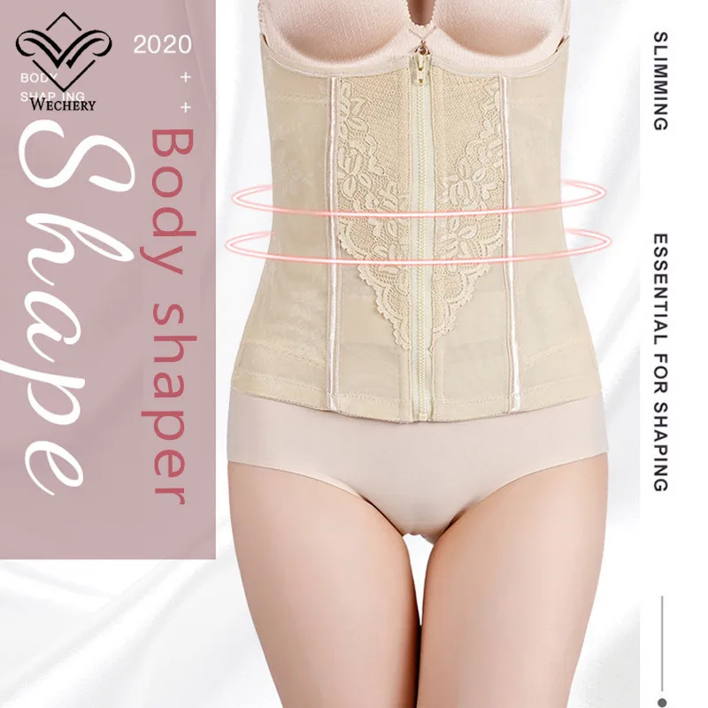 Wechery Women Lace Mesh Waist Trainer Corset Shapewear Tummy Control Waist Cincher Front Zipper Boned Slimming Body Shaper