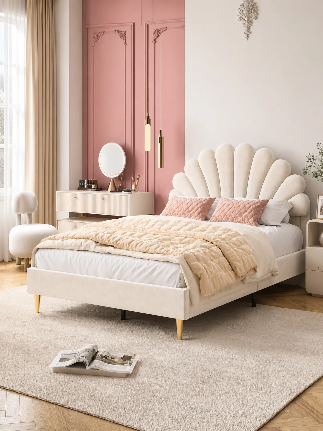 Kinderbett 140x200 cm, gepolstertes Doppelbett mit blütenförmigem Kopfteil, beigefarbenes Samt-Blütenblattdesign, höhenverstellbar, Bettgestell mit Lattenrost für Teenager und Erwachsene