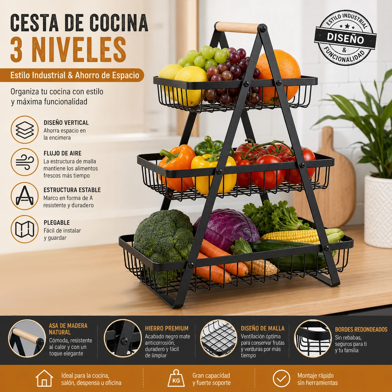 Organisateur de cuisine 3 niveaux en métal noir avec poignée en bois naturel 44,5x33,5x18cm, panier pliant ventilé pour fruits, légumes, collations, comptoir, salle de bain, multifonction