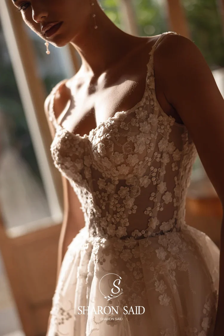 Sharon Said 2025 Romantic Sweetheart Appliques A-Line Tulle Wedding Dress Side Slit Court Train Bridal Gowns SW363 Customized