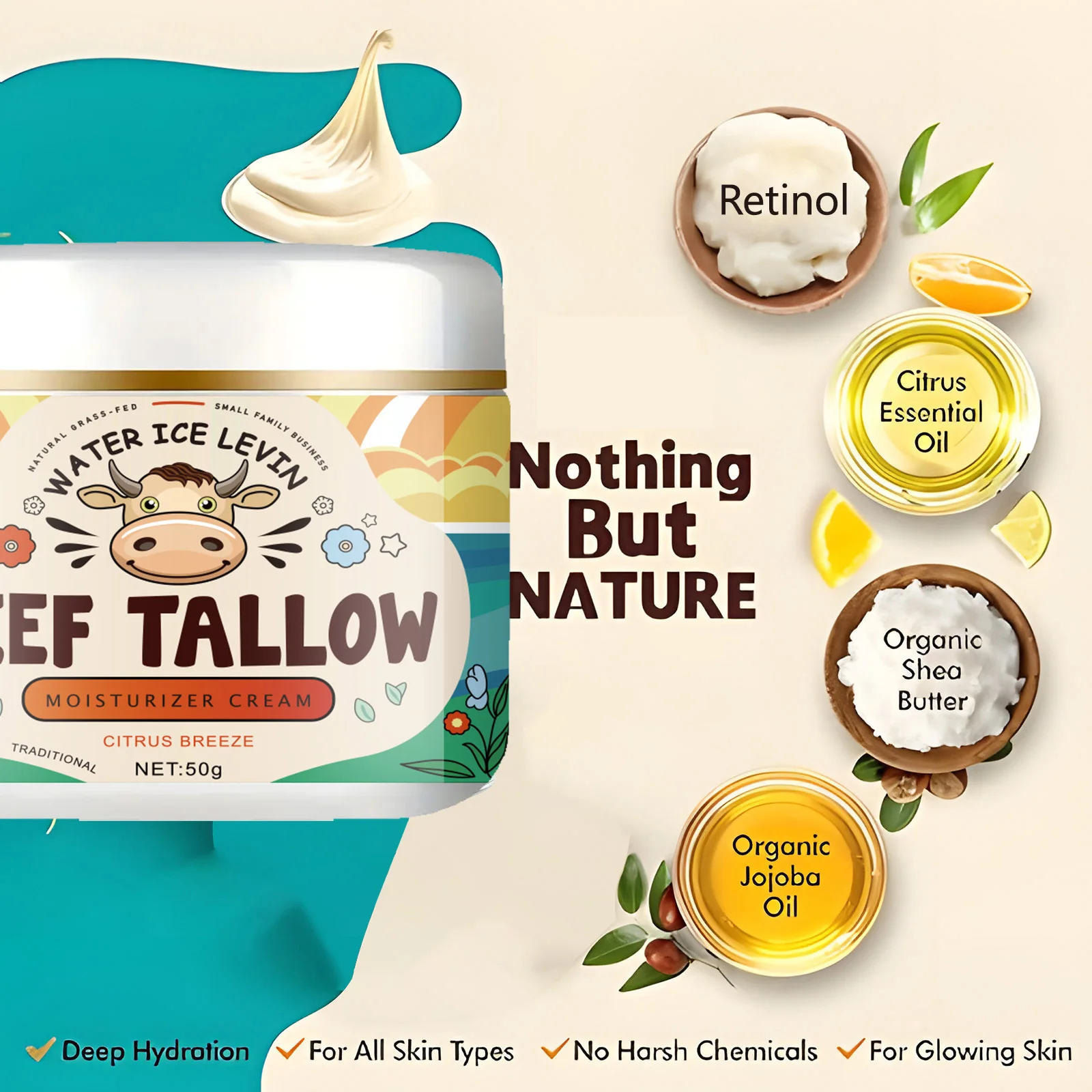 كريم ترطيب الريتينول وزبدة الشيا - يغذي عميقًا بخلاصة الجوجوبا وفيتامين E، ويقلل ويضيء البشرة