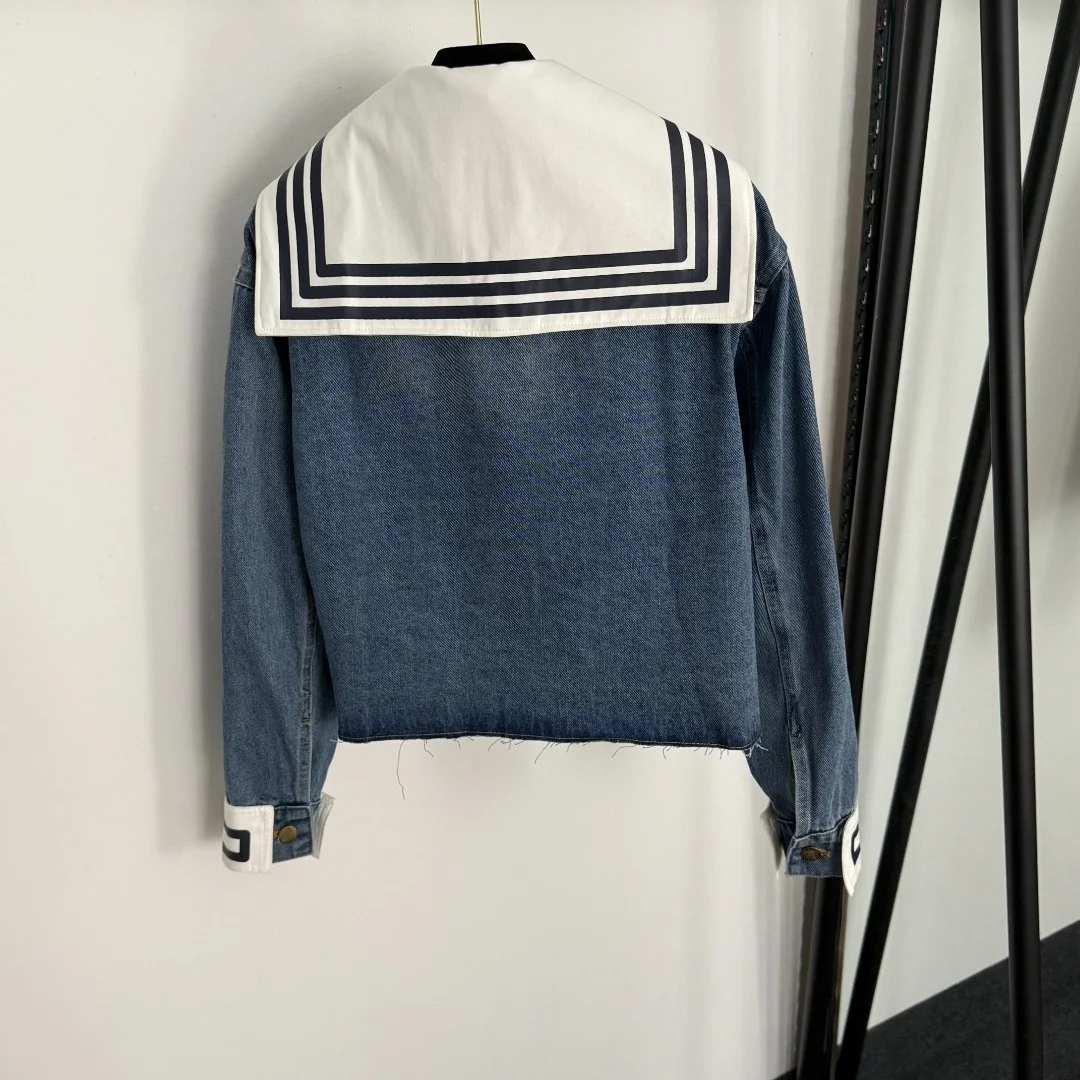 

New college-style denim set detachable navy collar patchwork long-sleeved denim jacket and one-piece short skirt