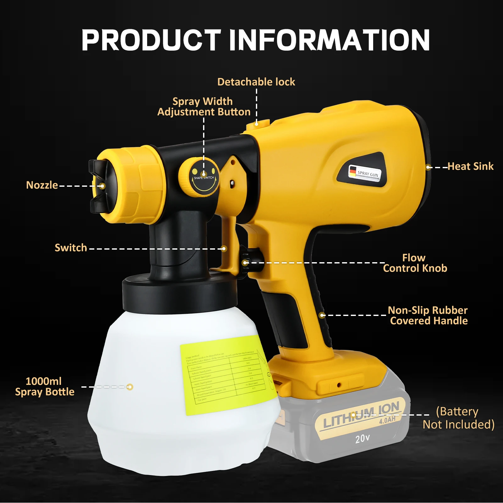 1000ML akumulátorové elektrický rozprašovací pistole bezuhlíkový líčit postřikovač auto nábytek povlak fixírka pro dewalt 20V baterie (no battery)