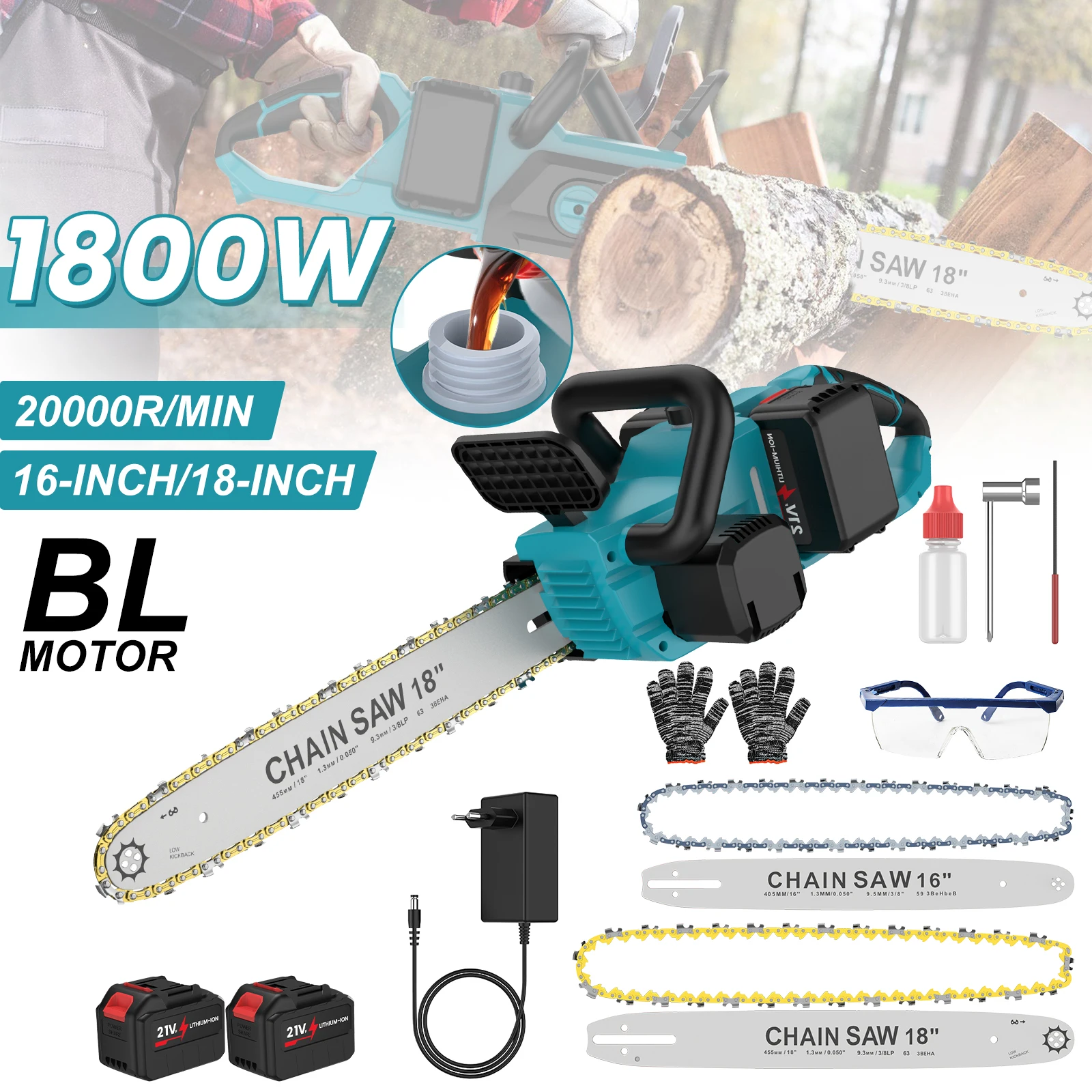 Bürstenlose Kettensäge mit zwei Akkus, 16 Zoll + 18 Zoll Führungsschiene, tragbares, kabelloses Trimm- und Gartenwerkzeug für Holzarbeiten