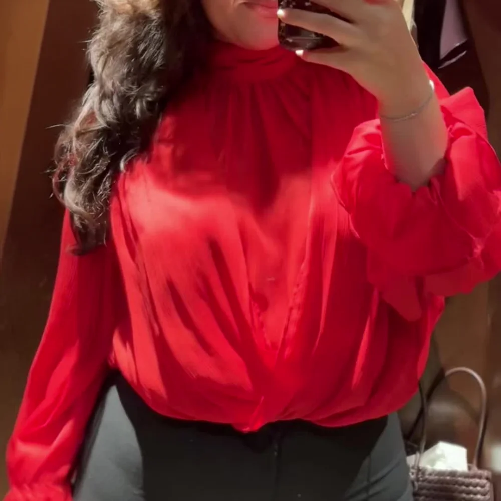 Womens Vintage Chiffon Shirt Cross Draped Wrap Front High Neck Long Sleeve Blouse Elegant Black Red Slim Fit Office Wear Tops