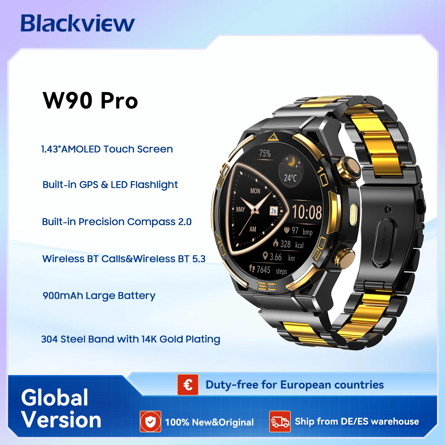 Blackview W90 Pro Smartwatch 1.43 "AMOLED affichage, appels Bluetooth, moniteur de fréquence cardiaque, 900 mAh/20 jours en veille, montre intelligente pour hommes