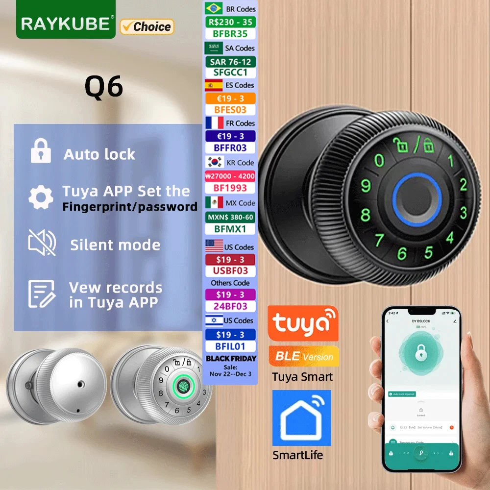 RAYKUBE Q6 Tuya BLE Smart Fingerprint Door Lock Electronic Lock with Password/Key/Smartlife/Tuya APP Unlock For Bedroom