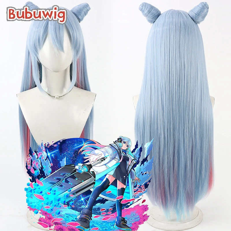 

Bubuwig Synthetic Hair Neo Cosplay Wigs With Buns Monster Strike Neo 80cm Long Straight Light Blue Mixed Red Wig Heat Resistant