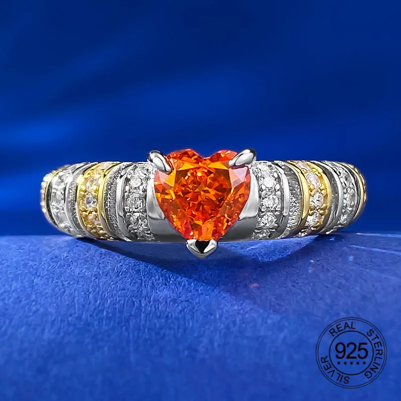 925 Sterling Silber Zirkon Schmuck 6mm Herzform orange rot Farbe High Carbon Diamant Lady Fingerring