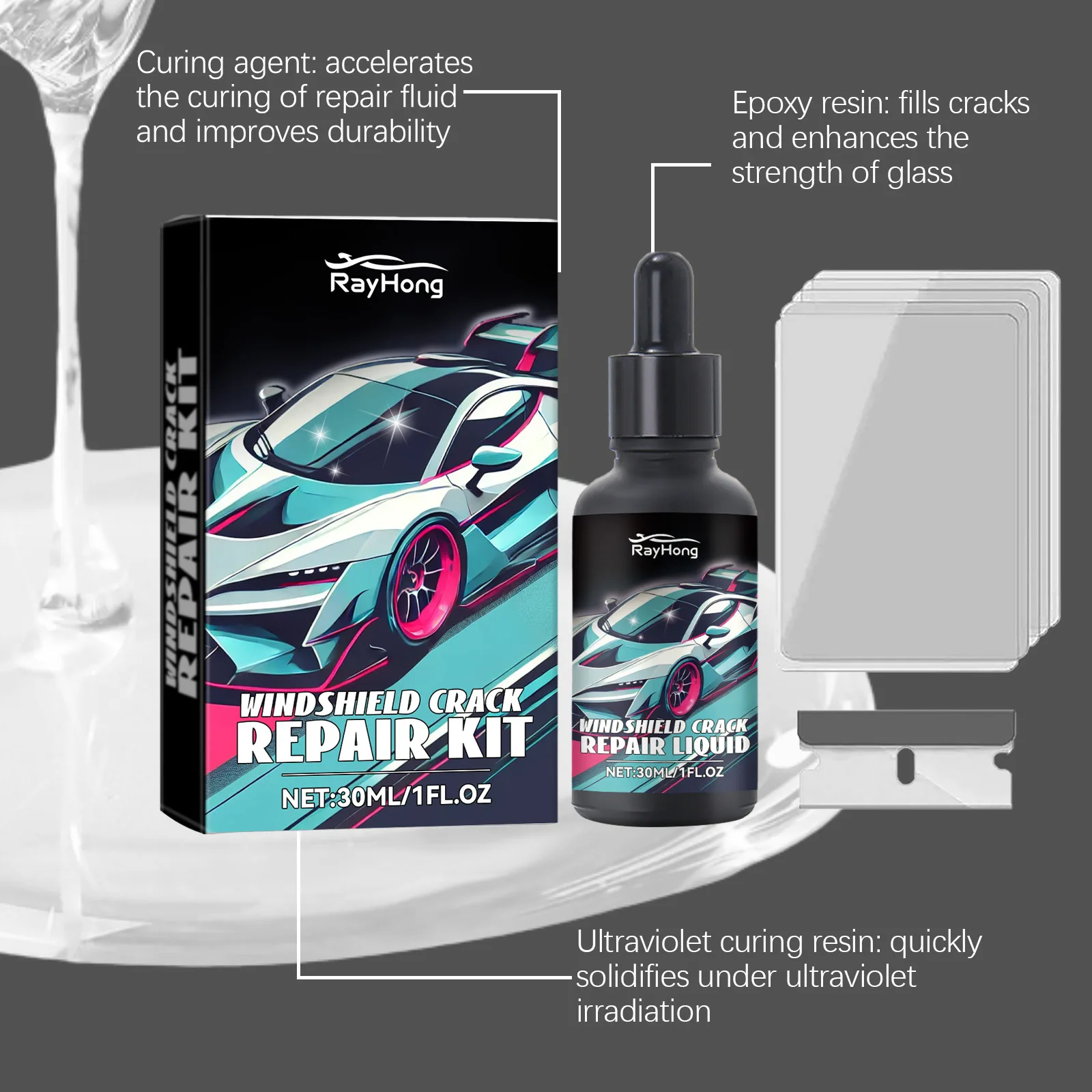 Rayhong 30ml Car Windshield Repair Drops Cracked Glass Scratch Repair Quick Fix Windscreen Brighten Restoration Auto Glass Drops