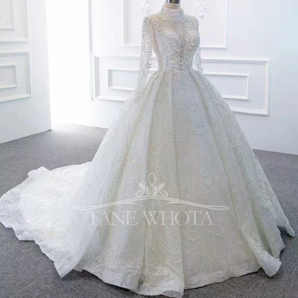 Vestido de novia de perlas, cuello alto, manga larga, vestido de fiesta blanco marfil de lujo, vestidos de novia