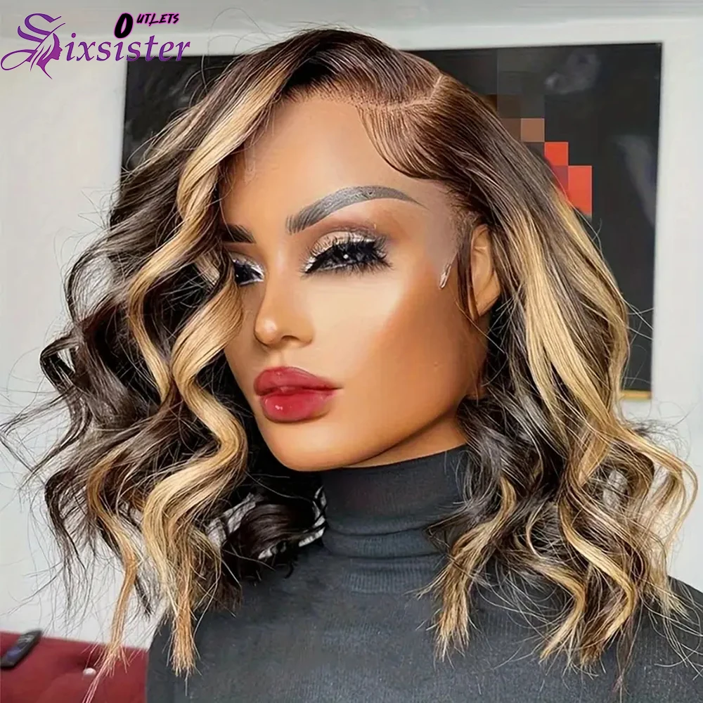 

Body Wave Short Bob Wig 13x4 Lace Frontal Wigs #4/27 Highlight Color Brown Mix Blonde Real Human Hair Pre Plucked Wavy Bob Wigs