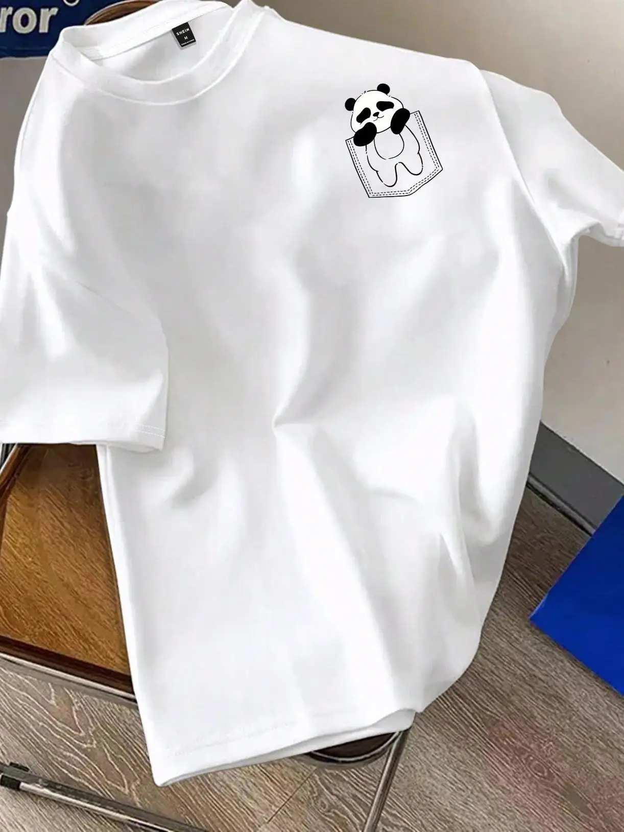 White Knitted Men Crewneck Short Sleeve T-Shirt, Funny Cute Panda Graphic T-Shirt, Boyfriend Gift, For Going Out