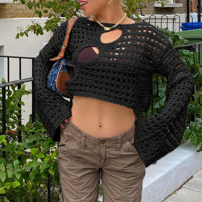 

Женские укороченные топы с длинными рукавами, летние повседневные вязаные кардиганы, сексуальный прозрачный винтажный пуловер в стиле Харадзюку