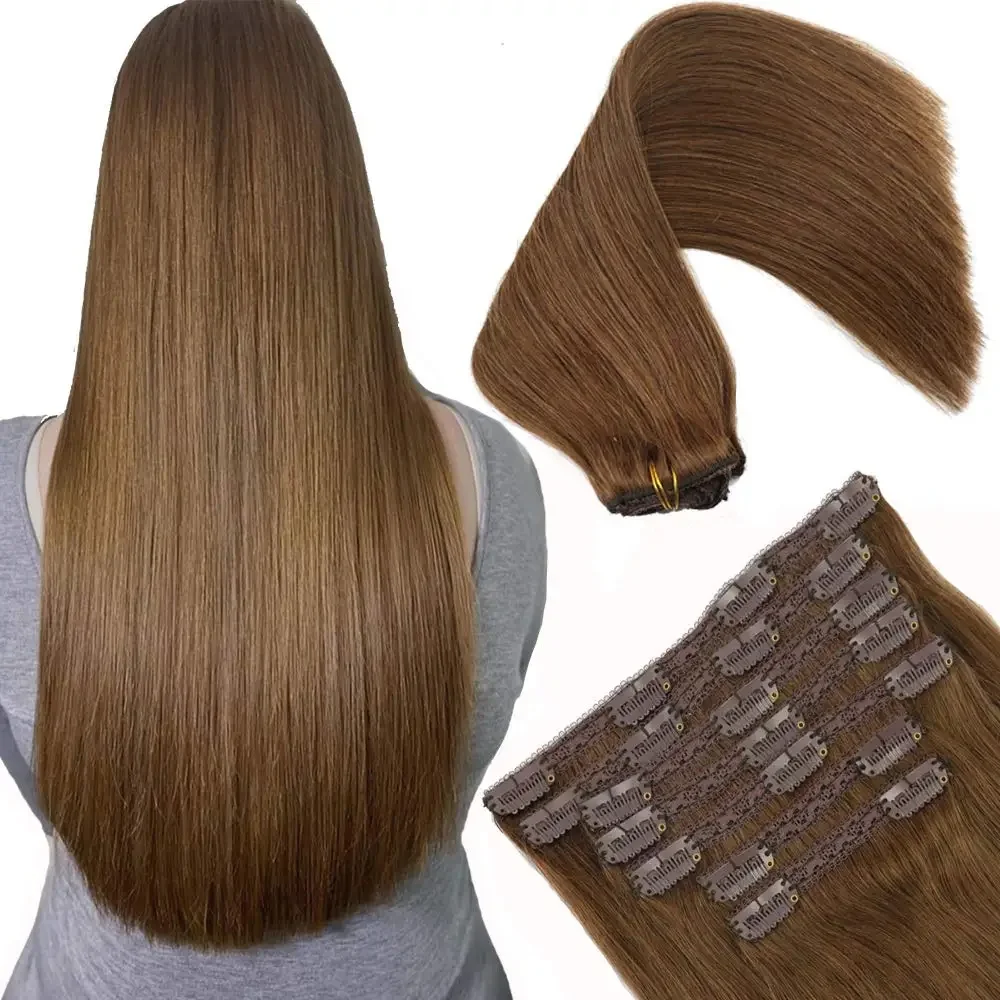 Clip-in-Haarverlängerungen, Remy-Echthaar, für Damen, seidig, gerade, Clip-in-Extensions, Echthaar, 120 g pro Packung, Farbe # 4Mittelbraun