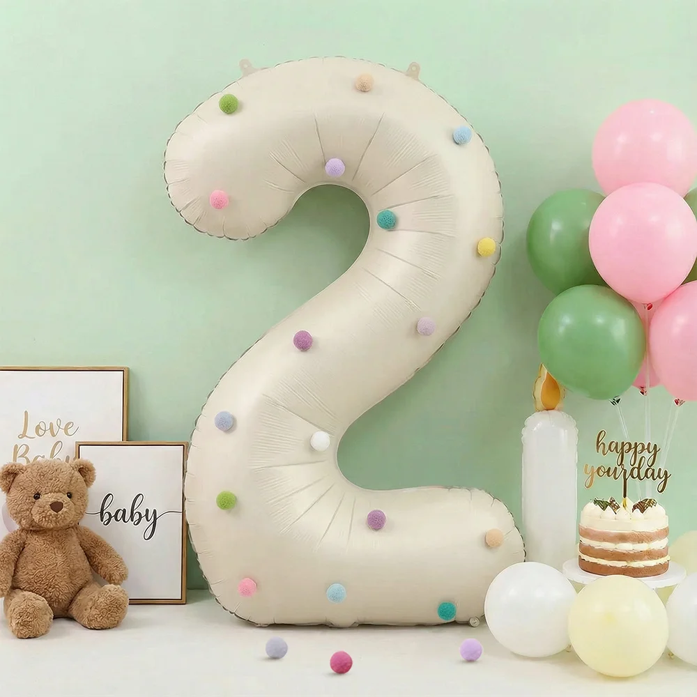 Cream-Colored Number Plush Balloon Set, Includes 40inch Number Balloons and 20 Colorful Plush Balls, for DIY Birthday Party Decorations, Can Be Mixed and Matched, Suitable for Photo Booth Backdrops, Easy to Arrange for Birthday and Anniversary Events