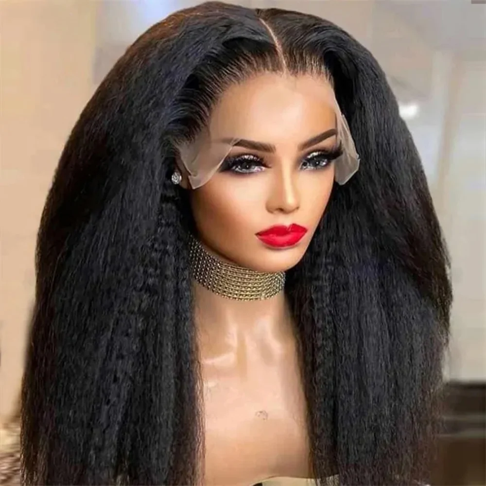 Kinky Straight 4C Kinky Edges Curly Baby Hair Wig Yaki Straight HD 13x4 Lace Frontal Wig Human Hair Transparent Lace Front Wigs