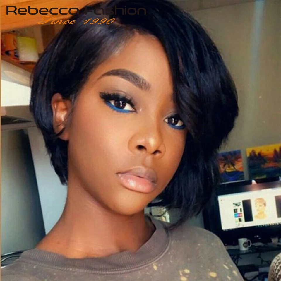 Glueless Pixie Short Cut Straight Human Hair Wigs Short Bob With Long Side Part Bangs No Lace Brazilian Straight Bob Wigs