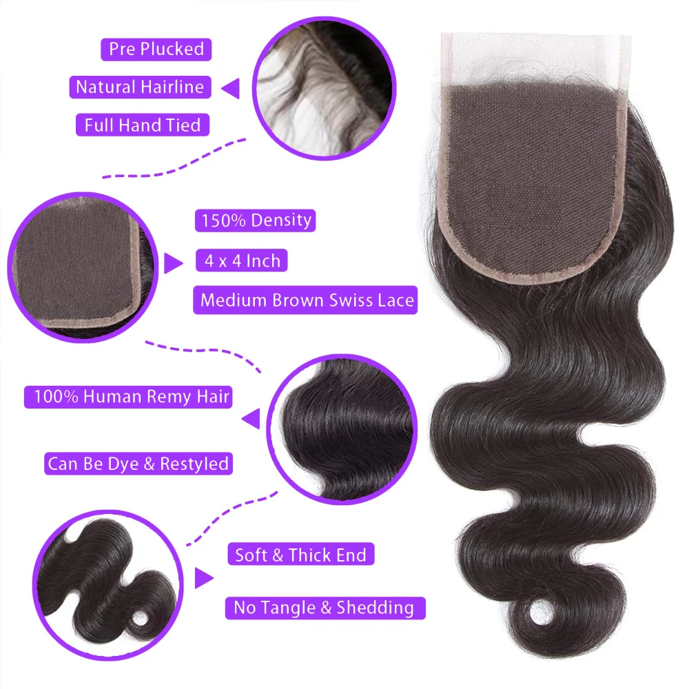 Pacote brasileiro da onda do corpo com fechamento para mulheres, cabelo humano, extensões do weave, 3 pacotes, fechamento 4x4