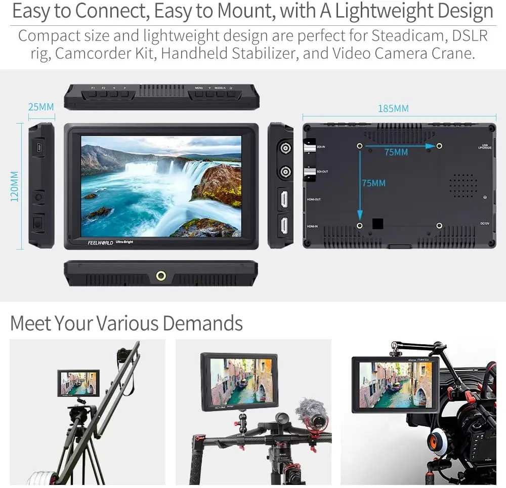 FOR DSLR Outdoor Shooting FEELWORLD FW279S 7" Ultra Bright 2200nit Camera Monitor 3G‑SDI 4K HDMI Focus Assist Function view 3