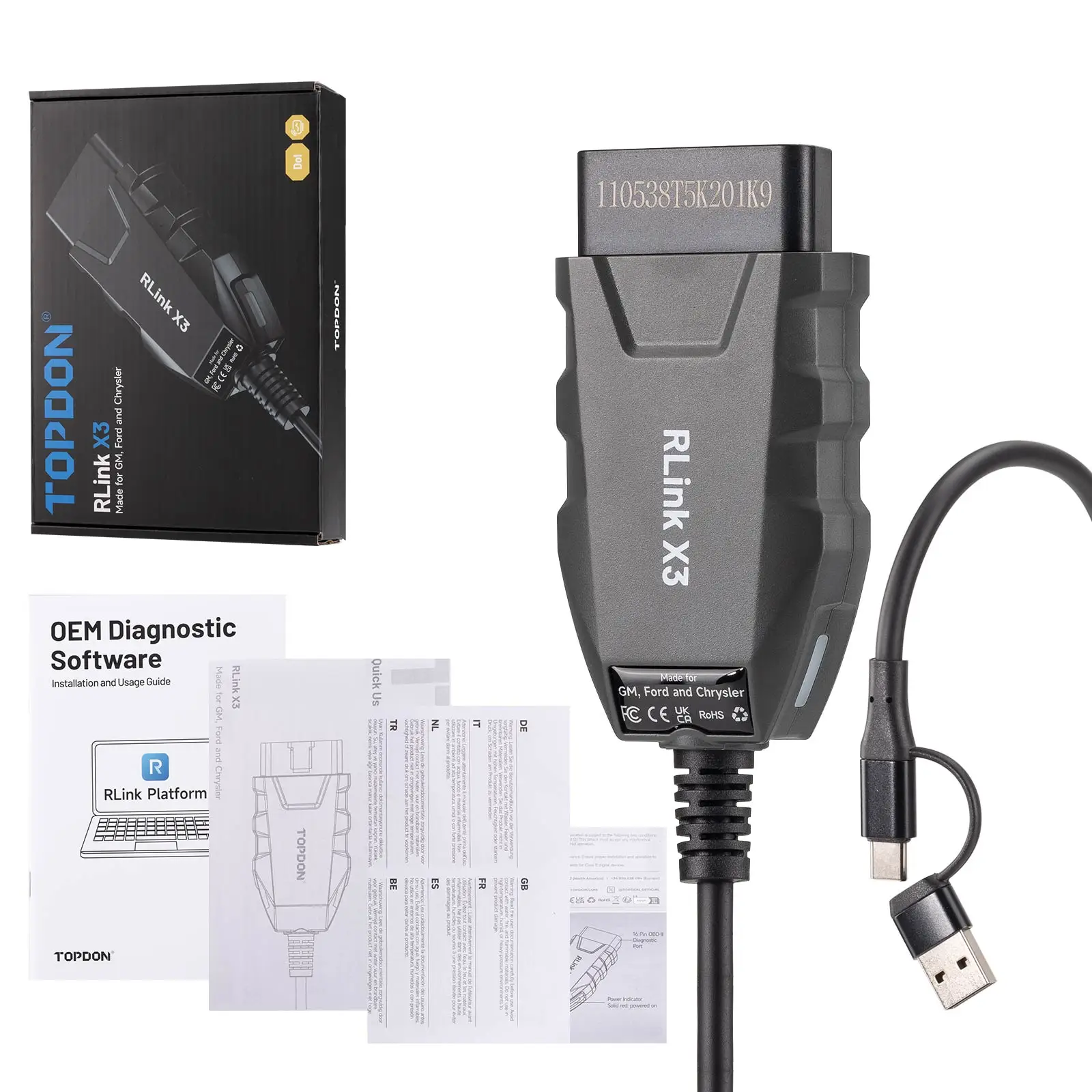TOPDON Rlink X3 For Ford For GM For Chrysler OBD J2534 Diagnostic Tool Used with OEM Software GDS2/Tech2Win/FDRS/ FORScan/WiTECH