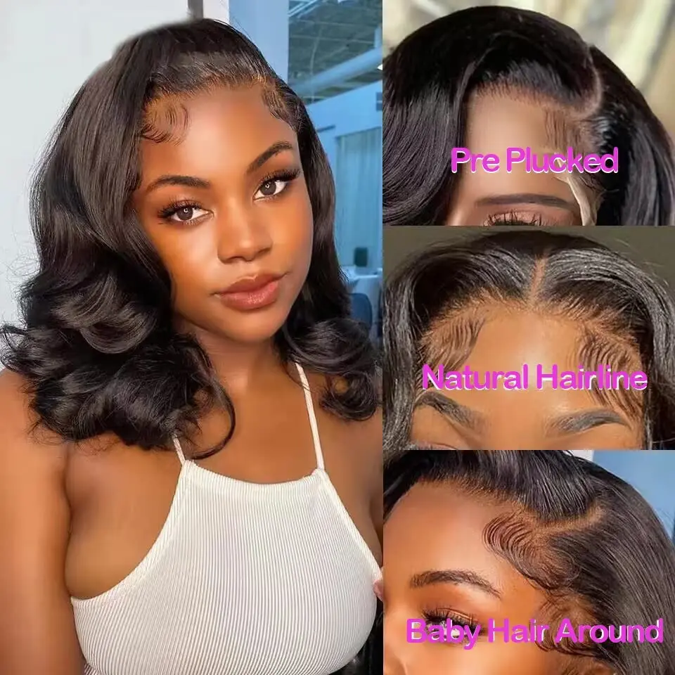 Bob Pruik Menselijk Haar Body Wave 13X4 Hd Lace Front Pruiken Menselijk Haar Pre Geplukt Korte Bob Pruik Voor Zwarte Vrouwen Natuurlijke Zwarte Kleur 1b