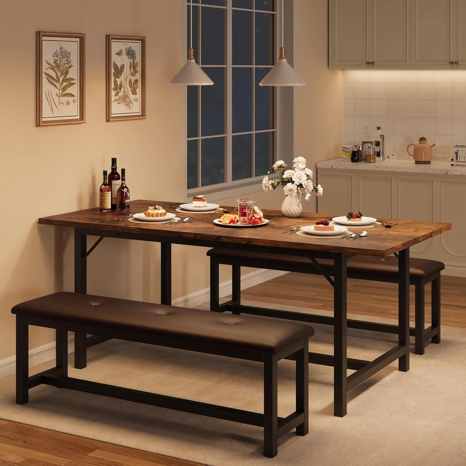 Essgruppe für 4-6 Personen, 160 cm großer, ausziehbarer Küchentisch, rechteckiger Holztisch mit 2 bequemen Bänken für kleine Räume, Apartments, Esszimmer, platzsparend, Retro-Braun
