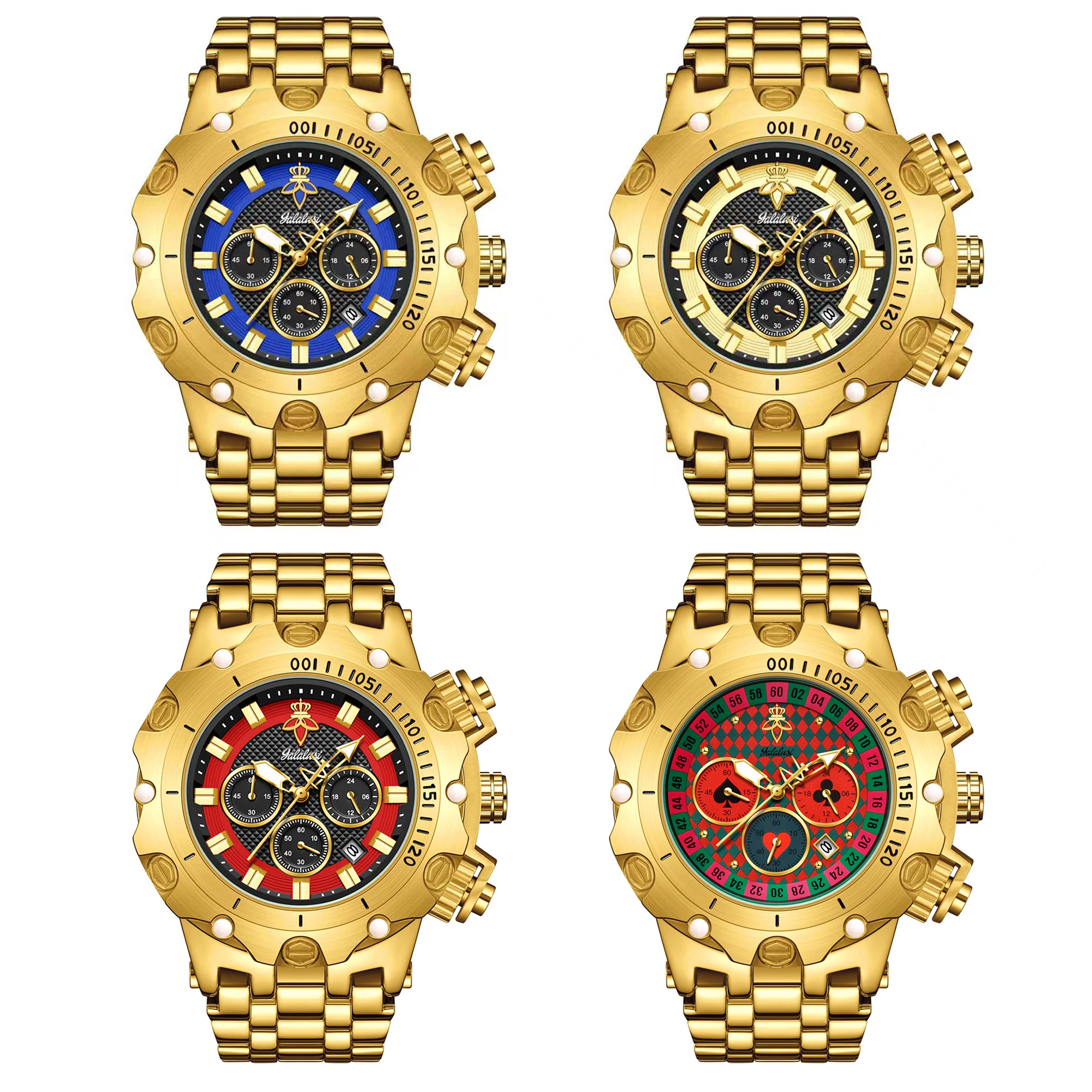 ساعة YaLaLuSi كوارتز رجالية عصرية ذهبية فاخرة جديدة - التاريخ، عقارب مضيئة. مع صندوق هدايا وضبط الحزام. هدية مثالية للرجال