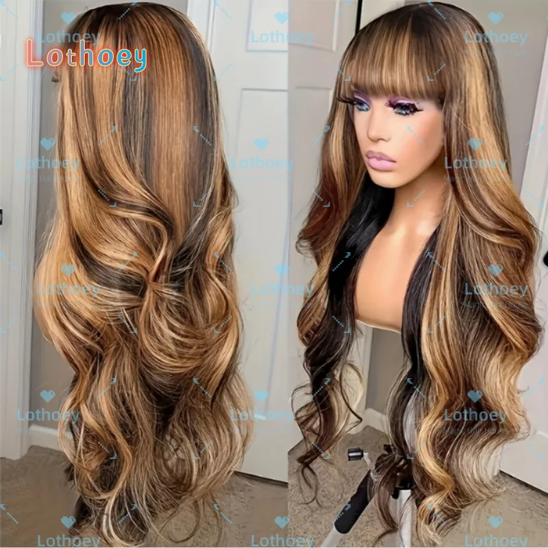 Бесклеевой парик из натуральных волос с объемной волной и челкой # 427 Медовый блонд с эффектом омбре, легко устанавливаемый естественный вид для женщин